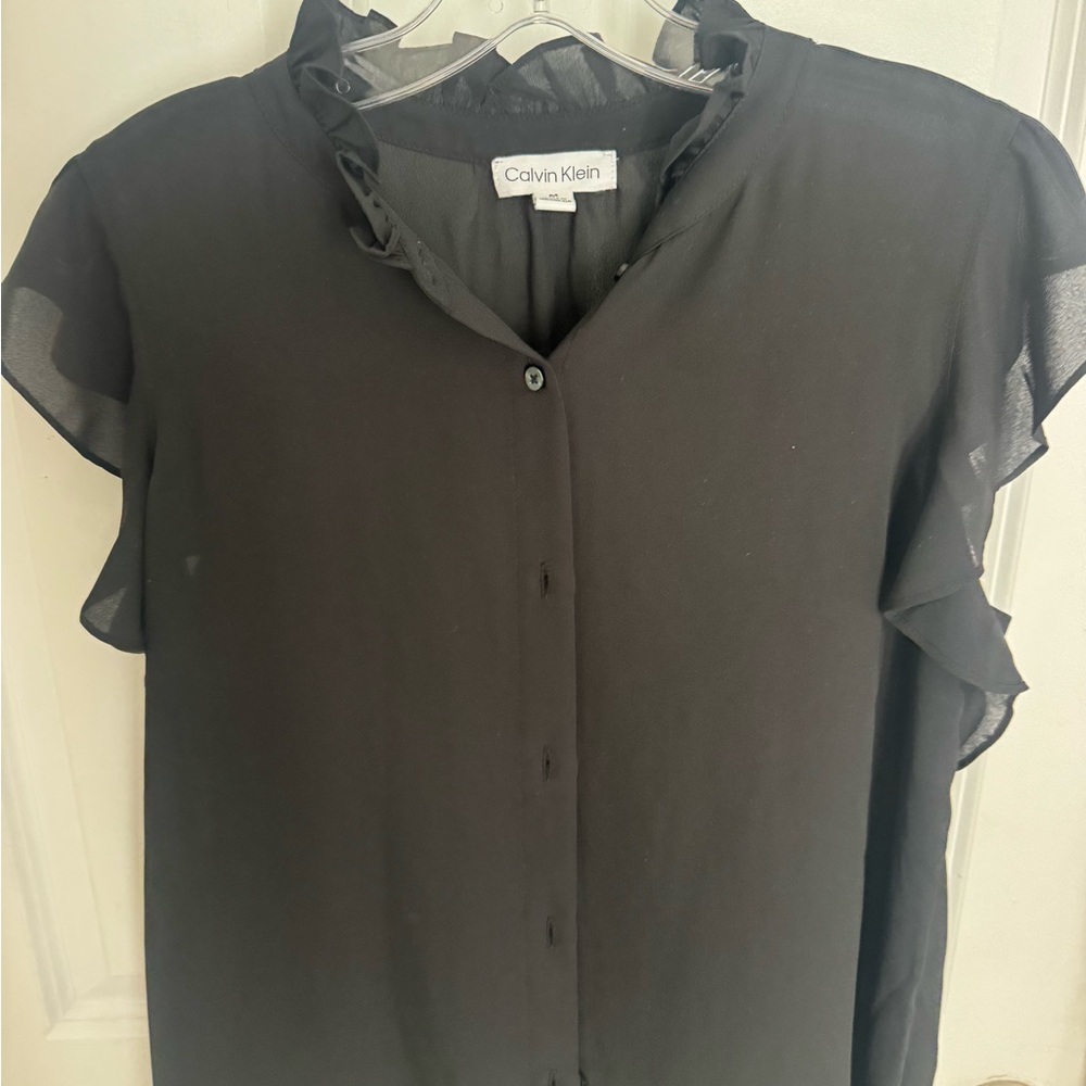 Calvin Klein Black Ruffle-Neck Button Blouse - Picture 2 of 2